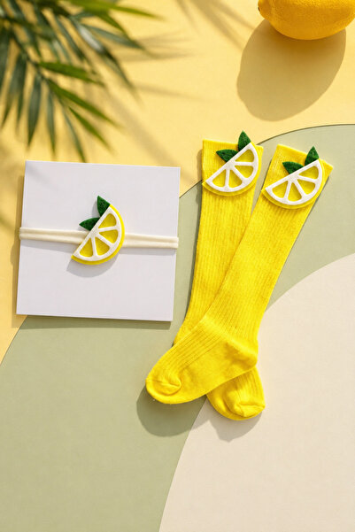ESES BEBE Okul Çorabı Çocuk/bebek Limon Figürlü Diz Altı Çorap Ve Bandana Seti
