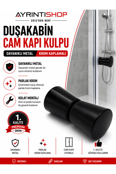 AYRINTISHOP Duşakabin Cam Kapı Kırılmaz Metal Siyah Kulplar 1. Kalite-1