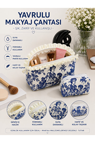 GÖKDAĞ BEDDING Vintage Floral Patterned Blue Makeup Bag – Fabric Cosmetic Org...