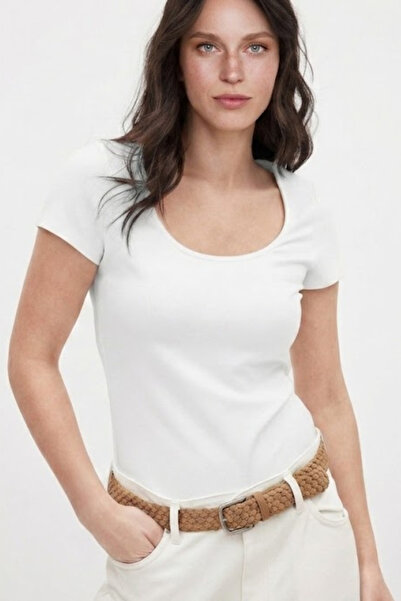 CHEISU Tricou alb cu mânecă scurtă pentru femei, cu gât rotund, bluză din Lyc...