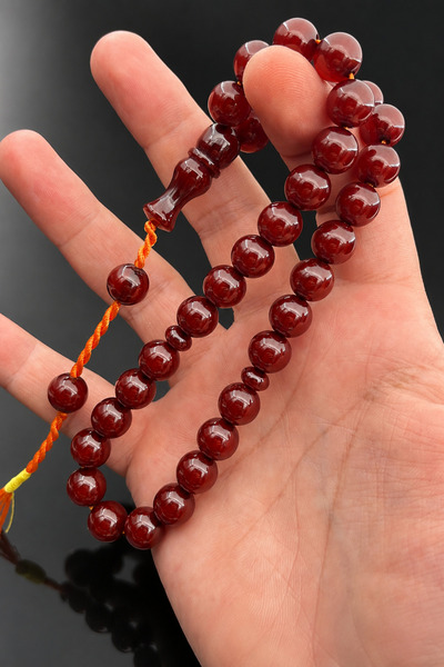 Cemhan Göksal Dark Burgundy Crimped Amber Prayer Bead Sphere 10X10 mm with Ot...