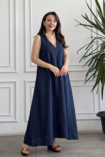 yb yağmur butik V-Neck Sleeveless Linen Textured Dress