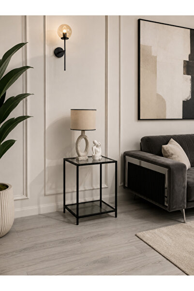 Trendmiz VELMARK Modern Loft Tarz 2 Katlı füme Cam Sehpa – Siyah Metal Gövdel...