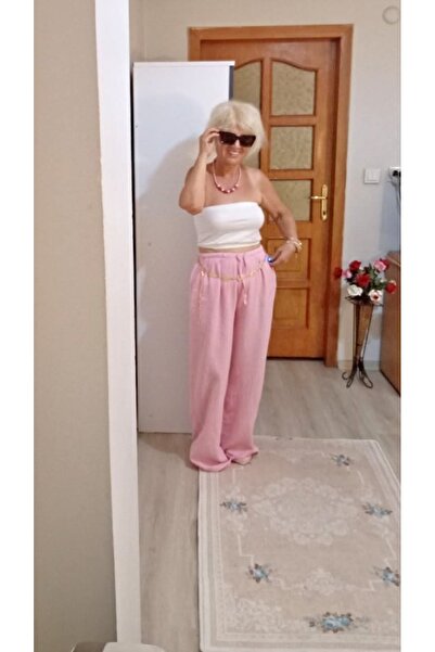 Butik Kadın pembe keten iç göstermez pantalon