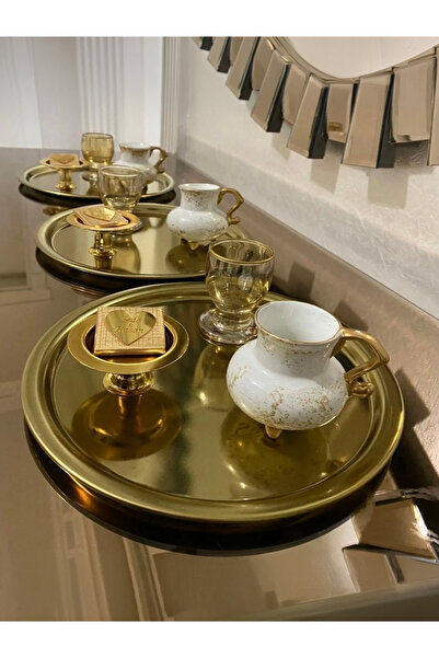 Elzem Paslanmaz Çelik Gold 3 Lü Servis Ve Sunum Tepsisi Yuvarlak Model