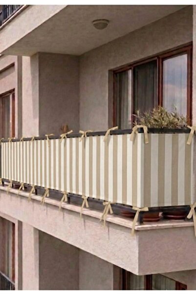 SHY TEKSTİL Krem-Bej Bağcıklı Balkon Demiri Perdesi Gizlilik Sağlayan Dayanık...