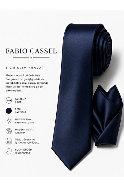 FABIO CASSEL LACİVERT DÜZ SATEN HAFİF PARLAK MENDİLLİ KRAVAT 5CM