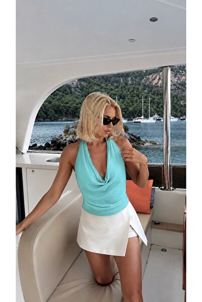 Up Trends Kadın Degaje Yaka Turkuaz Crop Top Şık Bluz