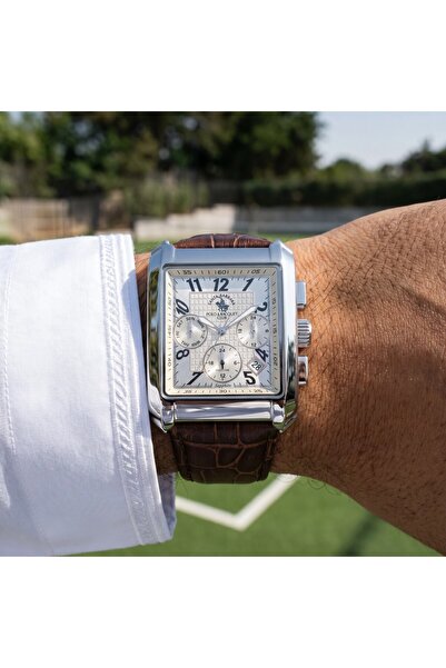 Santa Barbara Polo & Racquet Club ساعة ليجند الفضية المصنوعة من جلد أصلي للرج...