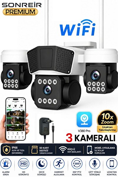 SONREİR RX95W WİFİ 3 Kameralı Güvenlik Kamerası 15MP ULTRA HD PTZ Hareketli S...