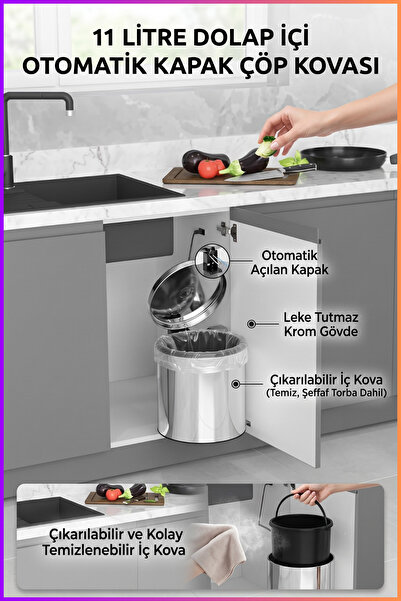 Begin Power Automatic Lid Trash Can Inside Cabinet 11 Liters Kitchen Chrome T...
