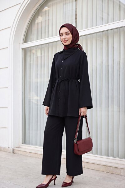 Modamorfo Modal Suit with Side Collar and Buttoned Belt - Black