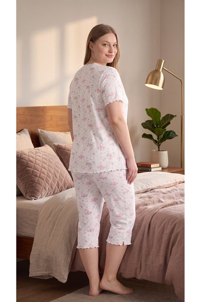 Evia Angelique Bamboo Fabric Short Sleeve Ruffle and Bow Detailed Floral Patterned Women's Capri Suit 22323