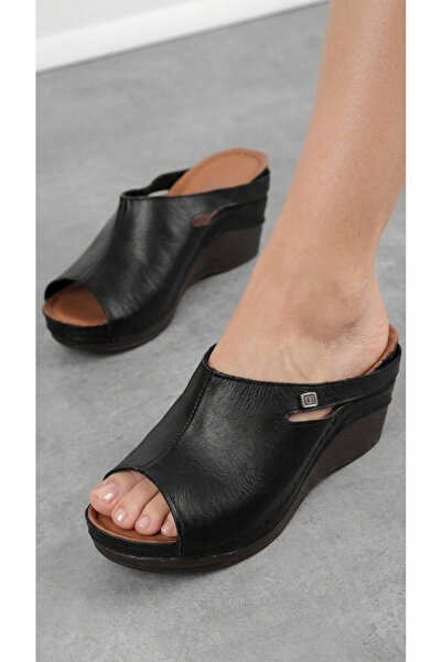 Lal Shoes & Bags Piano Kadın Hakiki Deri Burnu Açık Topuklu Terlik-siyah