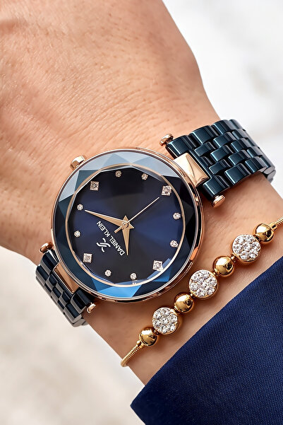 Daniel Klein Cutting Glass Waterproof Rhinestone Women Wristwatch Navy Blue C...