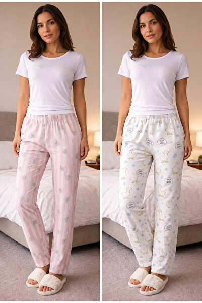 MODABOX 100% Cotton Combed Single Jersey Double Set of 2 Women's Pajama Bottoms