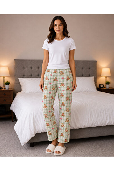 MODABOX 100% Cotton Green Teddy Bear Patterned Comfortable Fit Women's Pajama...