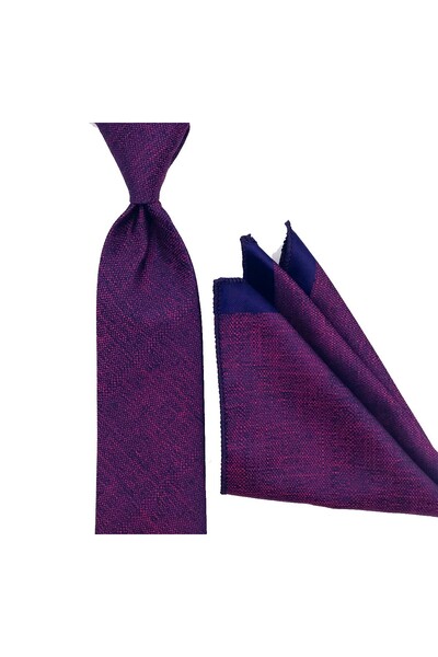 Sade Kravat Fuchsia Navy Blue Melange Patterned Thin Tie with Handkerchief 21...