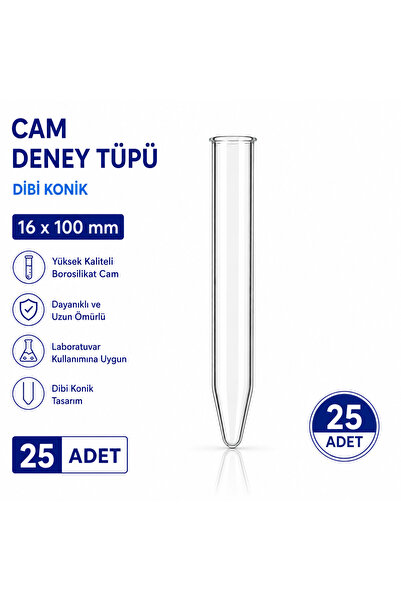 Labolist 16x100 Mm Cam Deney Tüpü Dibi Konik 25 Adet Laboratuvar Test Tüpü