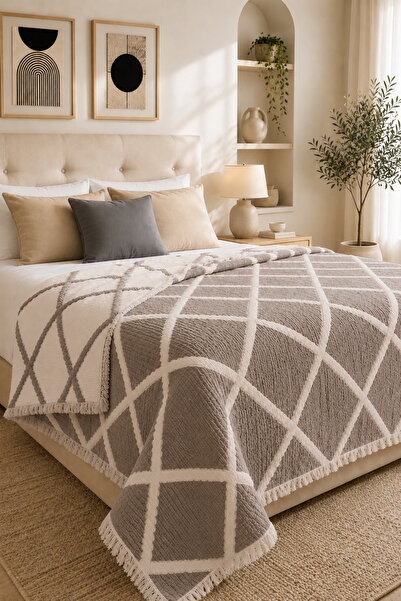 VERONİCA LİNE Premium Geometric Square Patterned 100% Cotton Muslin Reversibl...