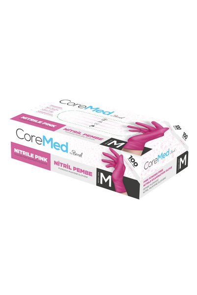COREMED قفازات نتريل وردية اللون خالية من البودرة، 100 قطعة، متوسطة الحجم