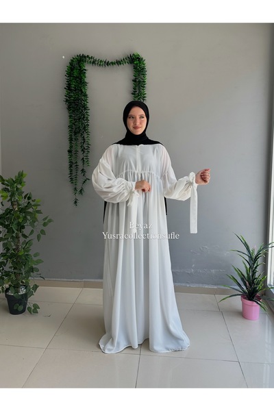 Yüsra Collection فستان ليزا من فيراس بتصميم تيسيتشر مع أكمام وربطة