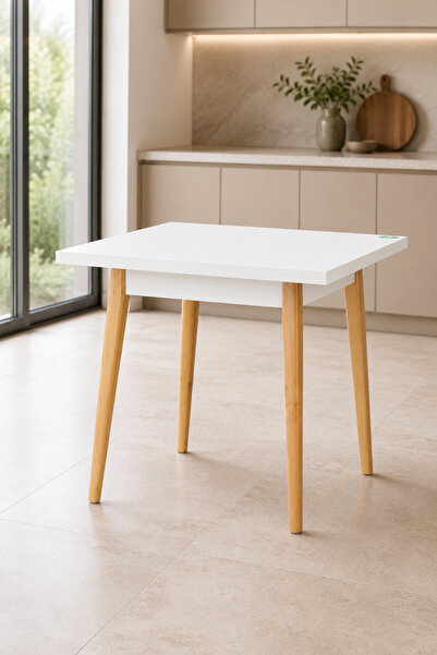 VİLİNZE Avanos Beyaz Naturel Sabit Mdf Kare Ahşap Mutfak Masası - 80x80 Cm
