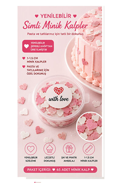 hediyehobihersey Mini Simli Pembe Kalp Pasta Süslemesi, Yenilebilir Konfeti M...