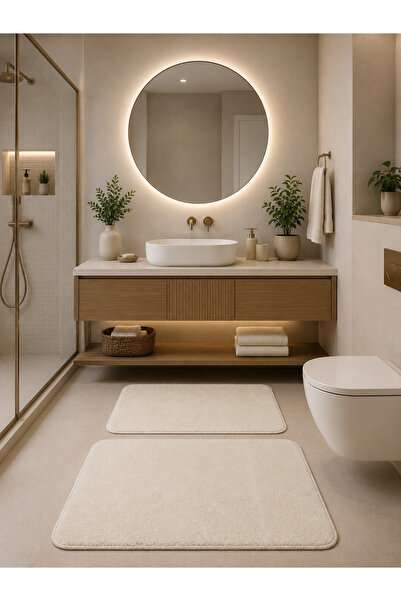 Lionhome Peluş Banyo Paspası Klozet Takımı 2'li Set Yıkanabilir Krem Kaymaz T...