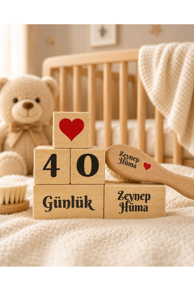 pixelogart Kişiye Özel İsimli Ahşap Bebek Anı Küpü ve Doğal Keçi Kılı Saç Fır...