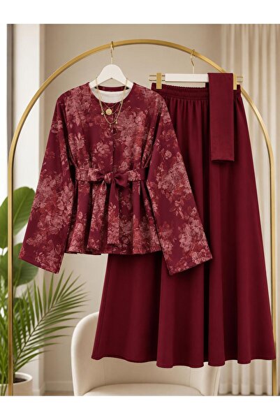 MODA VEDAT Set de damă cu jachetă și fustă cu imprimeu trandafiri -0600