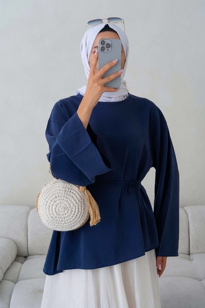 Giyim Gezegeni Navy Blue Waist-Tied Hijab Tunic Asymmetrical Cross-Cut Wide Sleeve Loose Summer Women's Tunic Daily Stylish Blouse