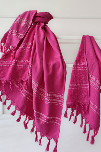 Sevim 100% Cotton Towel Peshtemal Peskir Set-Striped Beach Towel Set-Fuchsia
