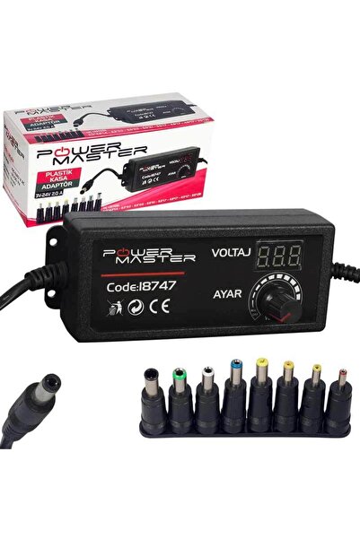 Powermaster PM-18747 3 Volt - 24 Volt - 2 Amper Çok Uçlu Dijital Ekranlı Ayarlı Kademeli Adaptör
