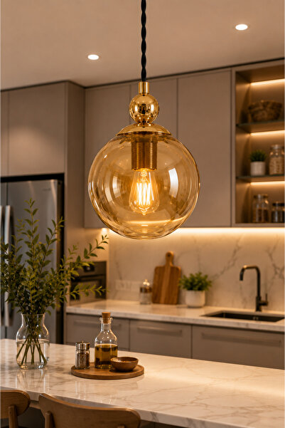 VENON Lorenza TEKLİ ✨ SİYAH ✨ GOLD DETAYLI ✨ BAL GLOP CAMLI Tekli Avize Moder...