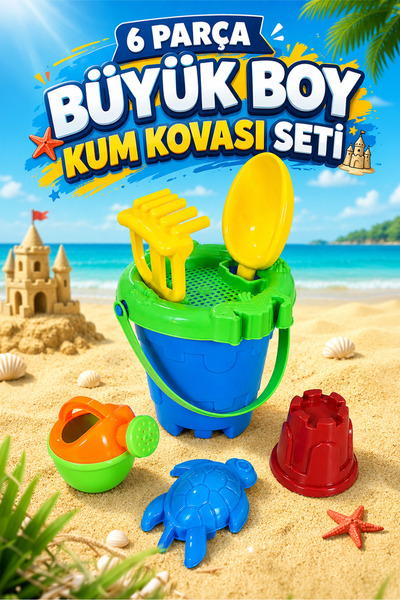 FunkyCraft Büyük Boy Figürlü Kum Kovası Plaj Oyuncak Seti – Kova, Kürek, Tırm...
