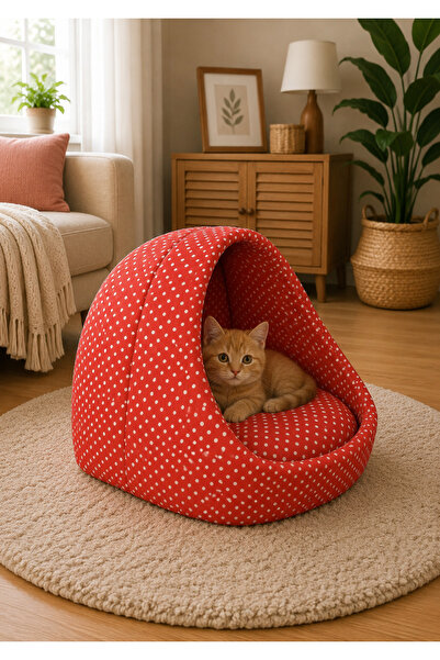 CatHouse Potipet Kırmızı Puantiyeli Kedi Mağara Ev Yuvası Yıkanabilir 40x40 Cm