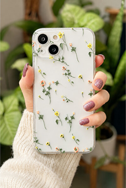 Go Aksesuar Iphone 13 Ve 14 Uyumlu Krem Çiçek Şeffaf Baskı Desenli Silikon Kılıf