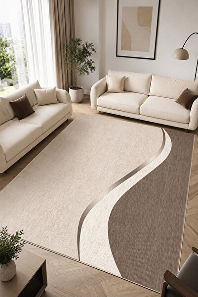 STY Home Krem Kahverengi Dijital Baskı Halı Kaymaz Tabanlı Yıkanabilir Halı Y...