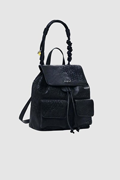 Desigual Rucsac negru de damă cu imprimeu floral în relief și buzunare frontale