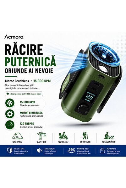 Acmora Ventilator Portabil G03, 10000mAh, 120 viteze, 15000 RPM, Power Bank, ...