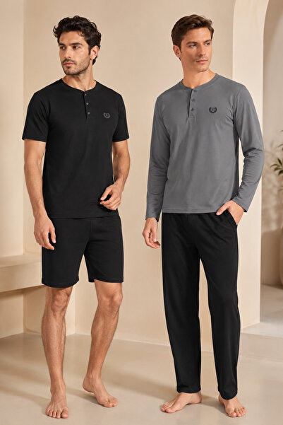 Loule Men's 100% Cotton Combed Cotton 4-Piece Summer & Winter Pajama Set