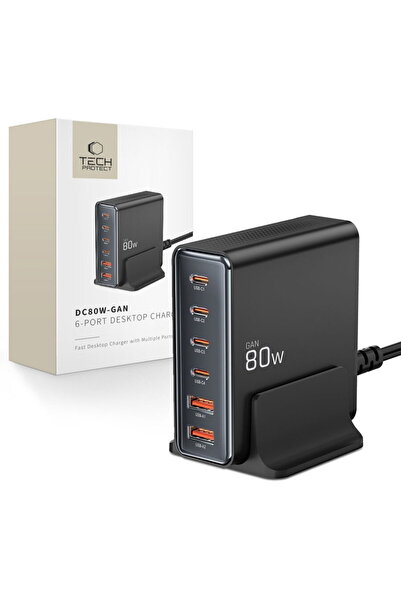 Tech-Protect GaN 2x USB-A + 4x USB-C PD QC3.0 80W Negru