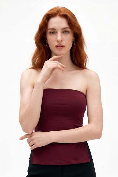 HAKKE Slit Layered Strapless Bluz with Chest Support