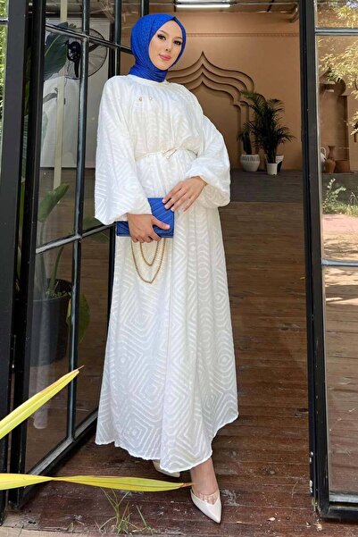 Neva Style Patterned White Hijab Dress 14291B