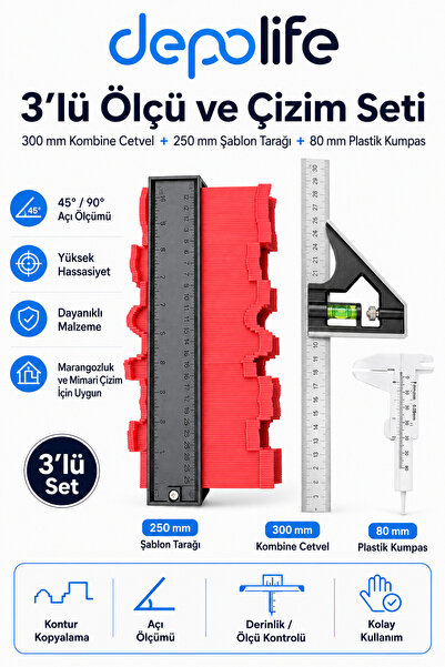 Depolife Mühendis Mimar Marangoz cizim Kalıplama Tarağı Kombine cizim Cetvel ...