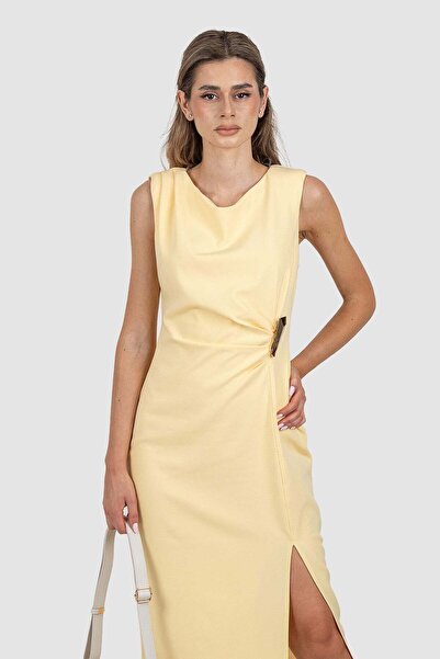 EXPLOSION Rochie damă midi galbenă cu drapaj lateral și slit frontal