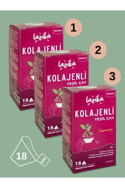 LAZİKA (3'lü Set) Kolajenli Yeşil Çay - 237 mg Peptit Kolajen, Hibiskus, Kuşb...