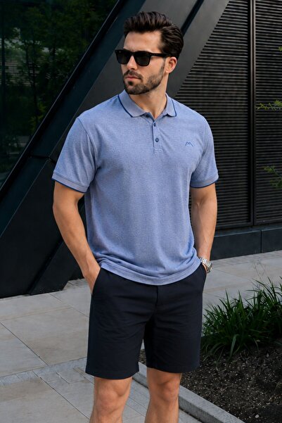 Madmext Navy Blue Embroidered Regular Fit Men's Polo Neck T-Shirt 6108
