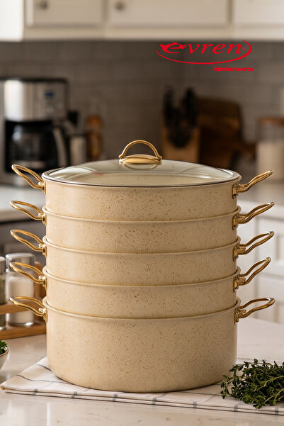 Evren 7.5 Lt Cream Crush Series - 6 Piece Steamer and Ravioli Pot Set